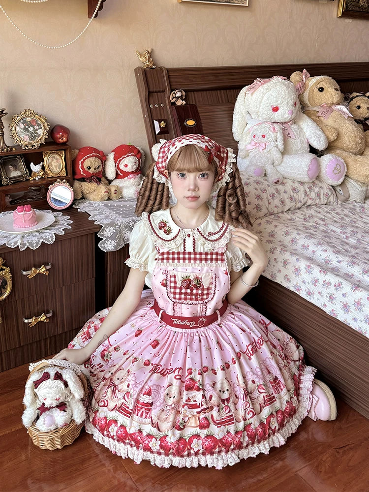 Velvet Strawberry - Sweet Lolita Salopette Dress, Bear & Strawberry Print