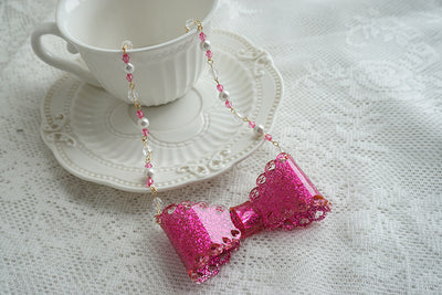 (Buyforme)Cat Tea Party~ Sweet Lolita Bow Ring and Necklace rose red necklace  