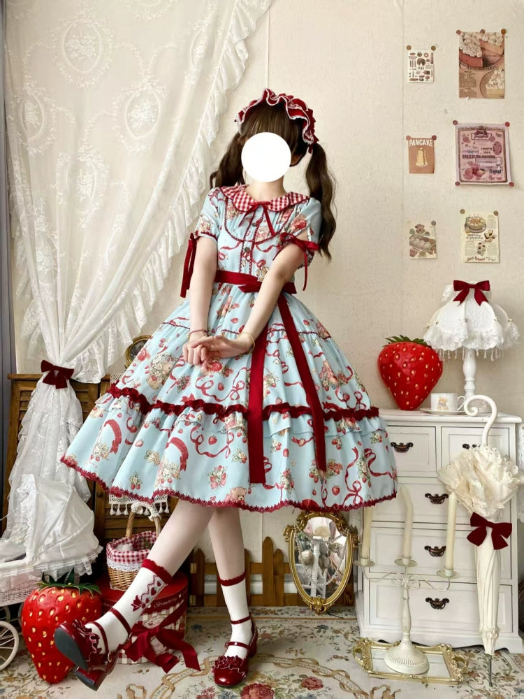 Qianmu - The Bear's Strawberry Field - Daily Lolita OP Dress With Petal Collar & Bear Strawberry Print Blue OP S