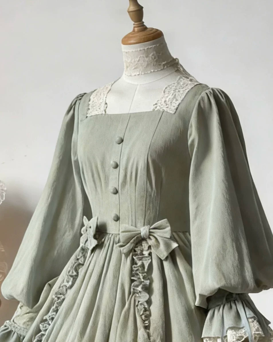 Moonlit Lily - Cotton Classic Lolita OP Dress, Lily Embroidery Green - OP (with 2 small waist bows + a lace choker) S