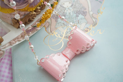 (Buyforme)Cat Tea Party~ Sweet Lolita Bow Ring and Necklace pink necklace  