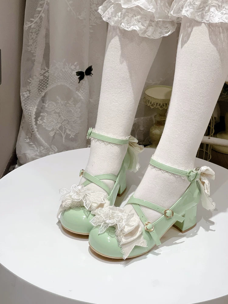 Spring Sakura - Wedding Sweet Lolita Heels Shoes, Floral Accent Green 34