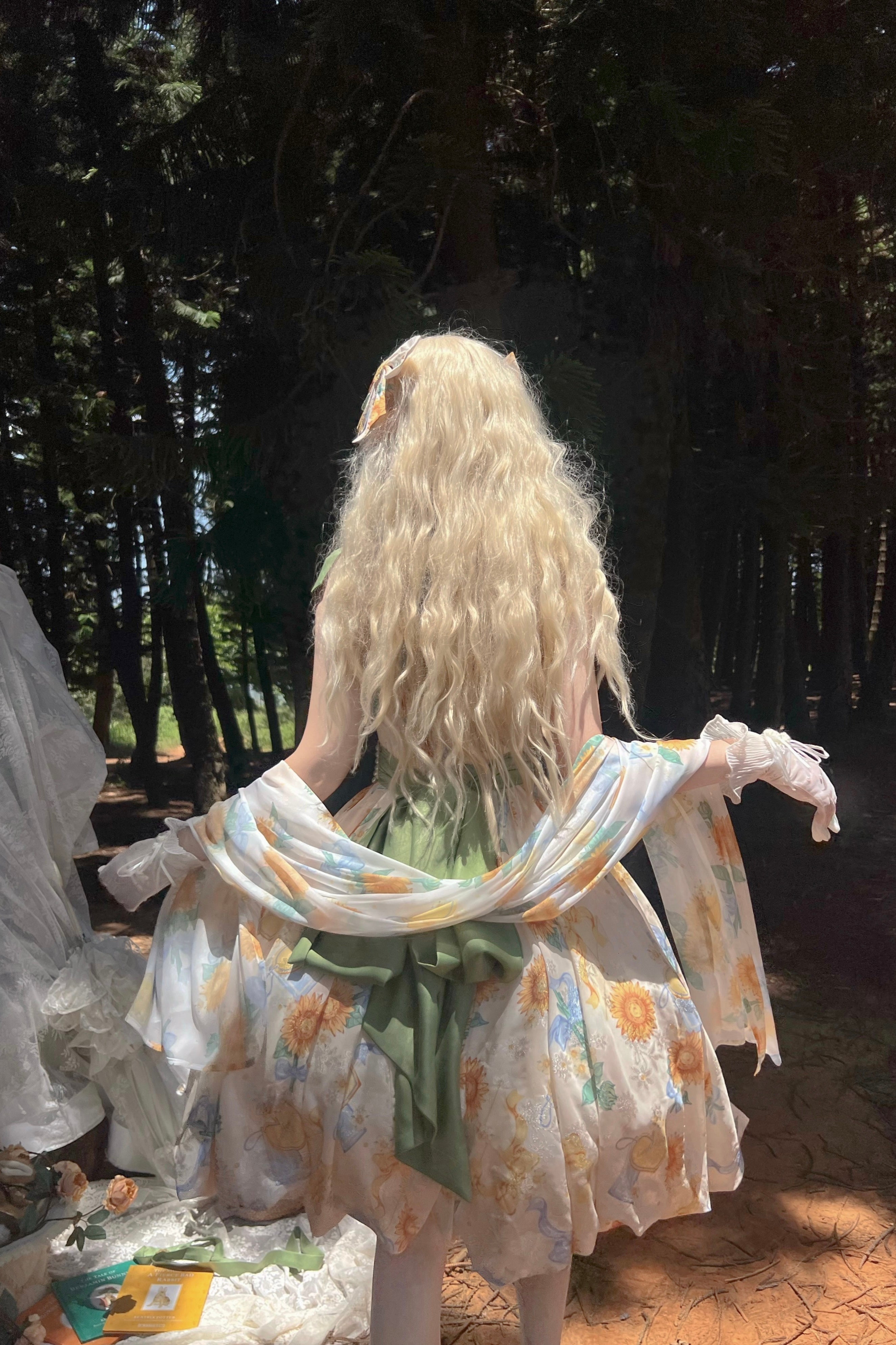 Akiyama Future Studio - Sunflower Print Lolita JSK Dress in Breathable Light Fabric Shawl Only (One Size select M) F