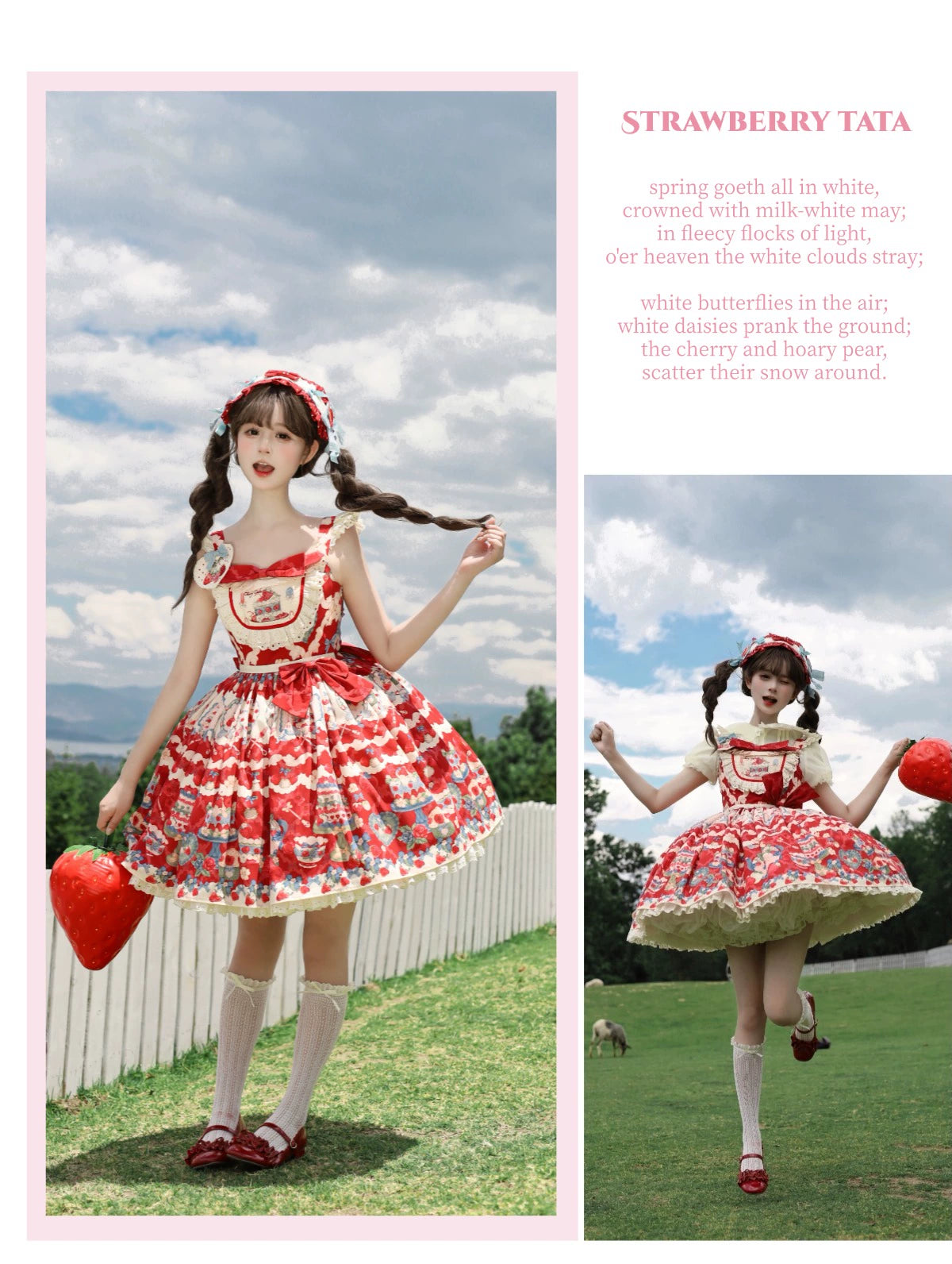 Rose Whispers - Strawberry Tata - Sweet Lolita Dress Suit With Strawberry Cake Print 43173:769170