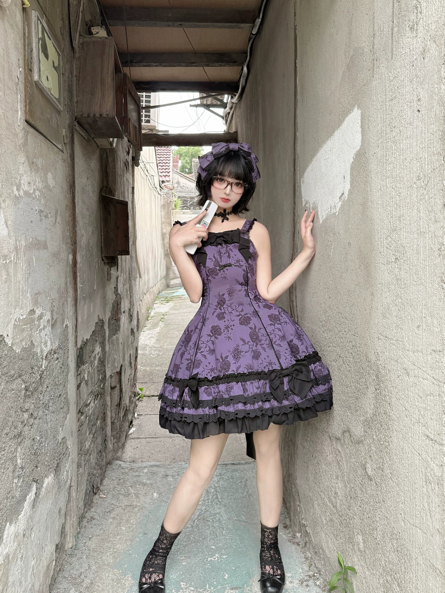 Bliss Bouquet - Cotton Old School Lolita Dress, Rose Print and Layered Hem 45656:857102