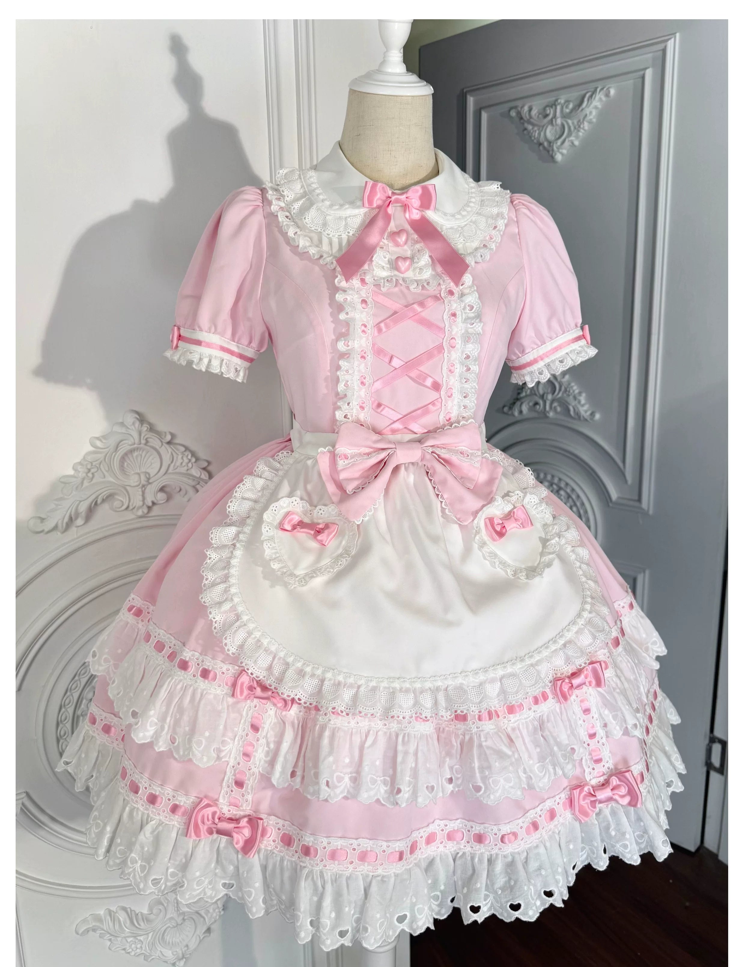 Ribbon Story - Sweet Lolita Short Sleeve OP Dress, Peter Pan Collar OP + Waist Bow + BNT + Apron + KC + Hairband + Detachable Cuffs S