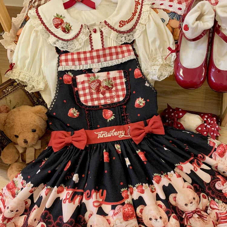 Velvet Strawberry - Sweet Lolita Salopette Dress, Bear & Strawberry Print Black Salopette Only S