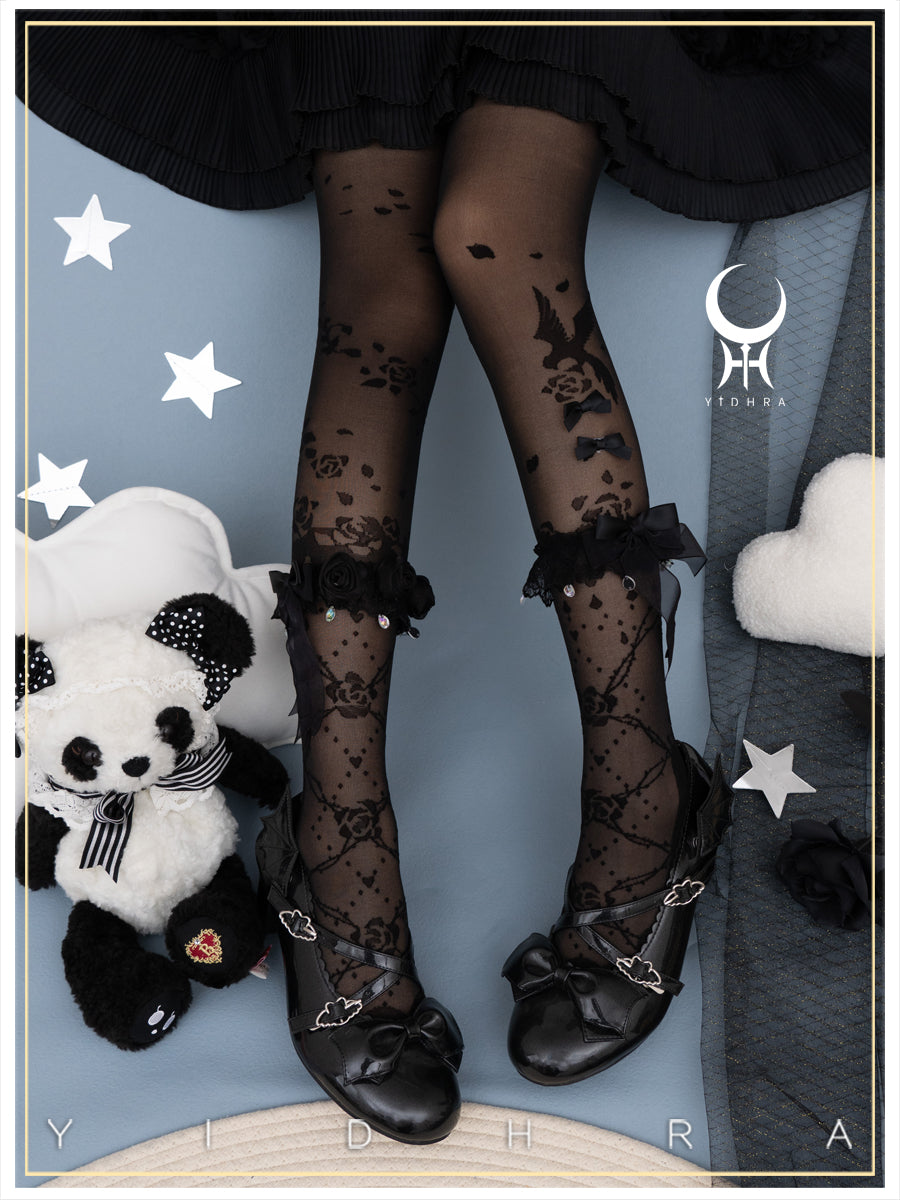 Yidhra~Nightingale and Rose~Elegant Lolita Stereo Flower Thin Tights free size black gorgeous-thin section-silk 20D 