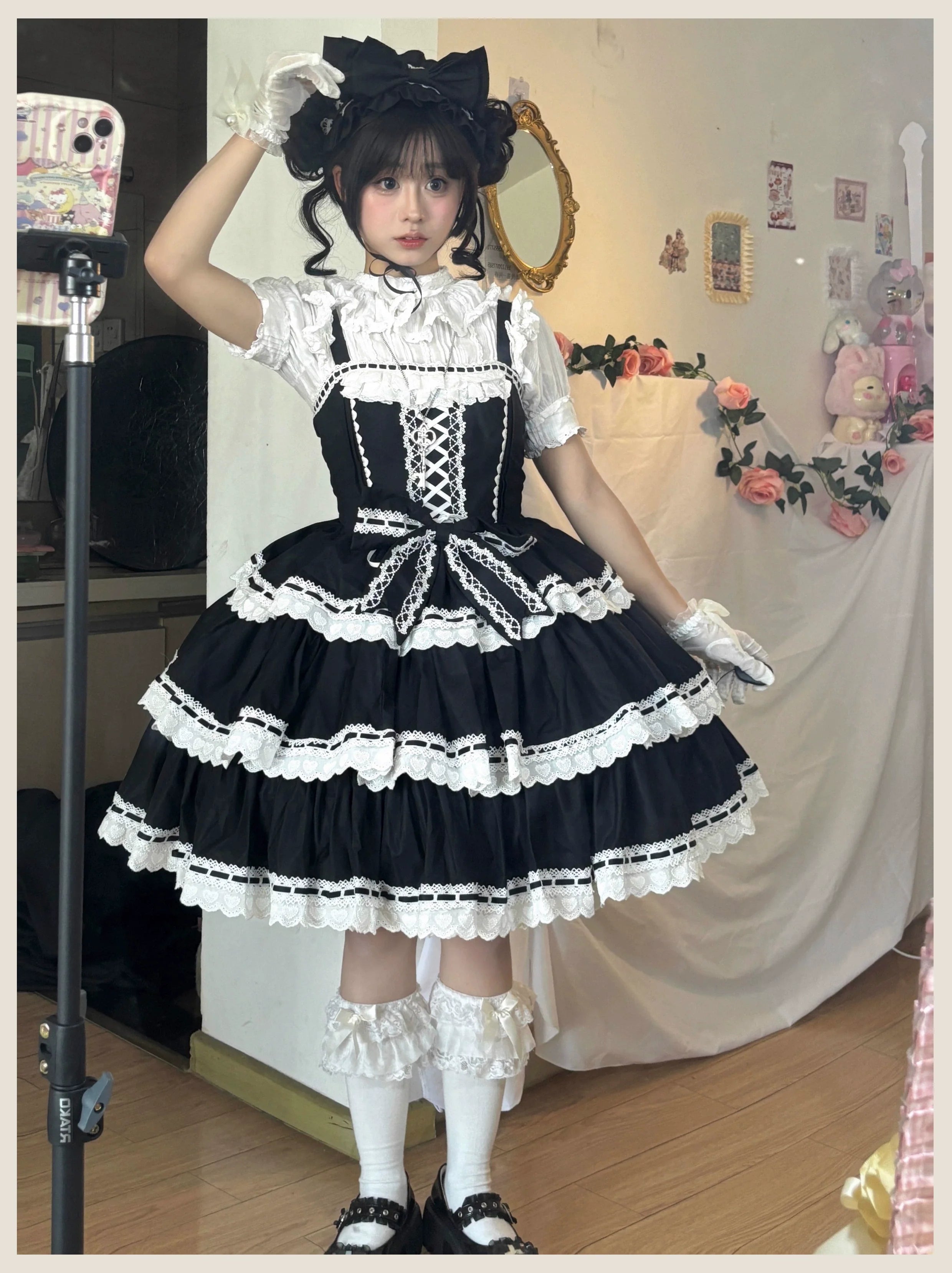 TaTaTa Lolita - Otome Heart - Cotton Old School Lolita JSK Dress, Heart-Shaped Lace Trim 44546:812916