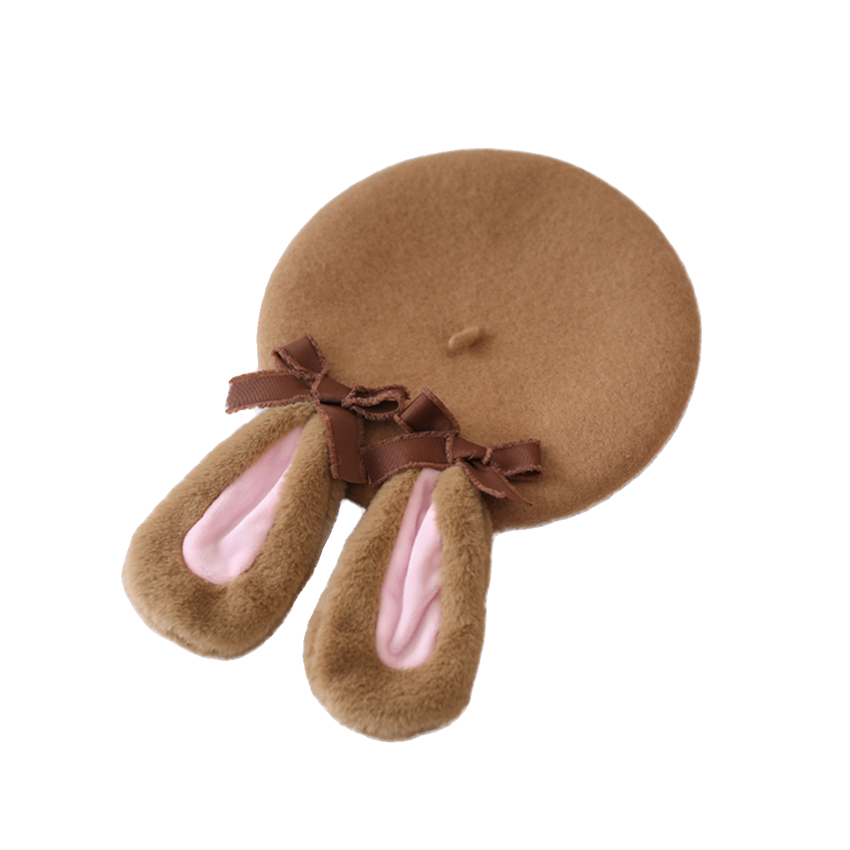 Xiaogui - Winter Lolita Beret Rabbit Ear Hat Bow Beret One Size Camel-pink rabbit ear beret