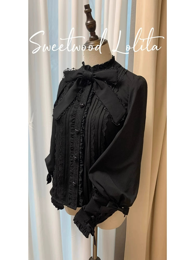 Sweet Wood - Margaret - Plus Size Lolita Dress Suit Solid JSK Black Chiffon Blouse + Collar Bow Free Size