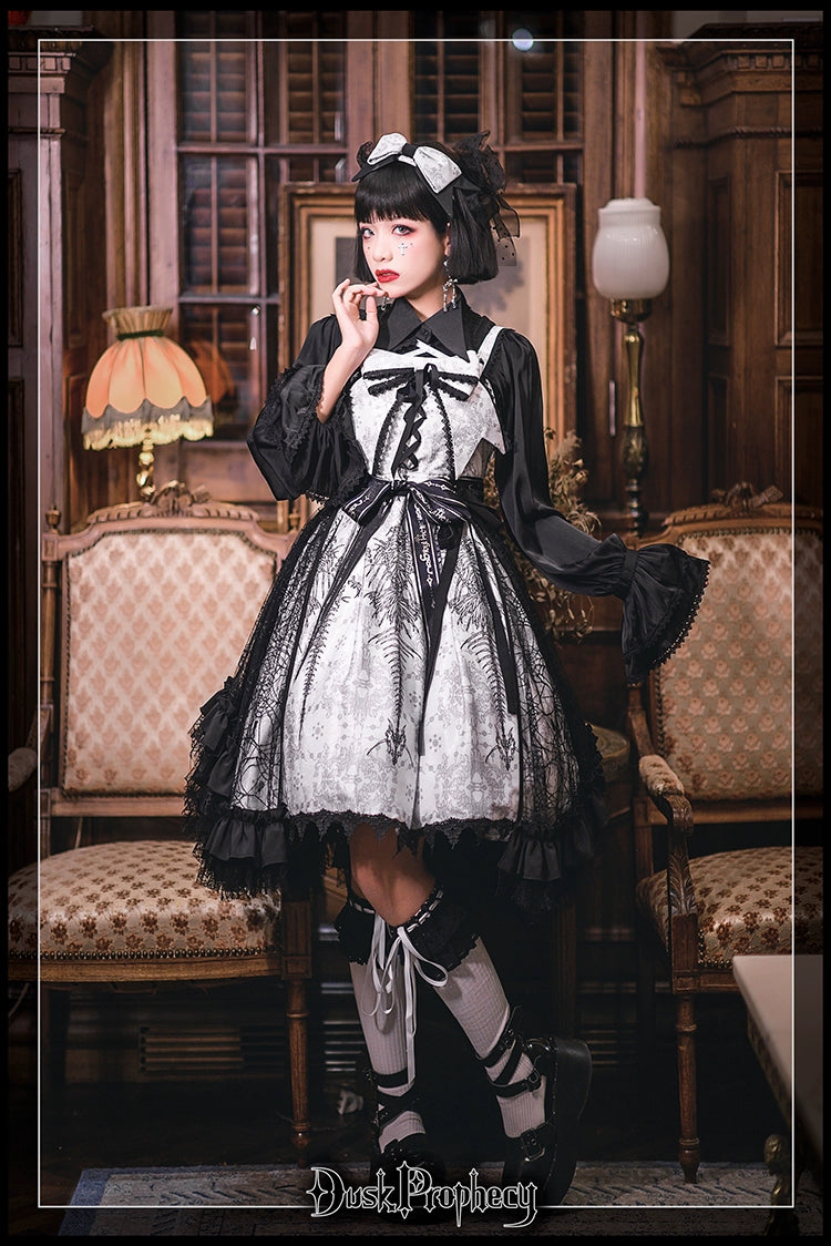 DuskProphecy - Coccyx - Elegant Lolita Dress High Waist Fishbone Print JSK Set 34722:466372