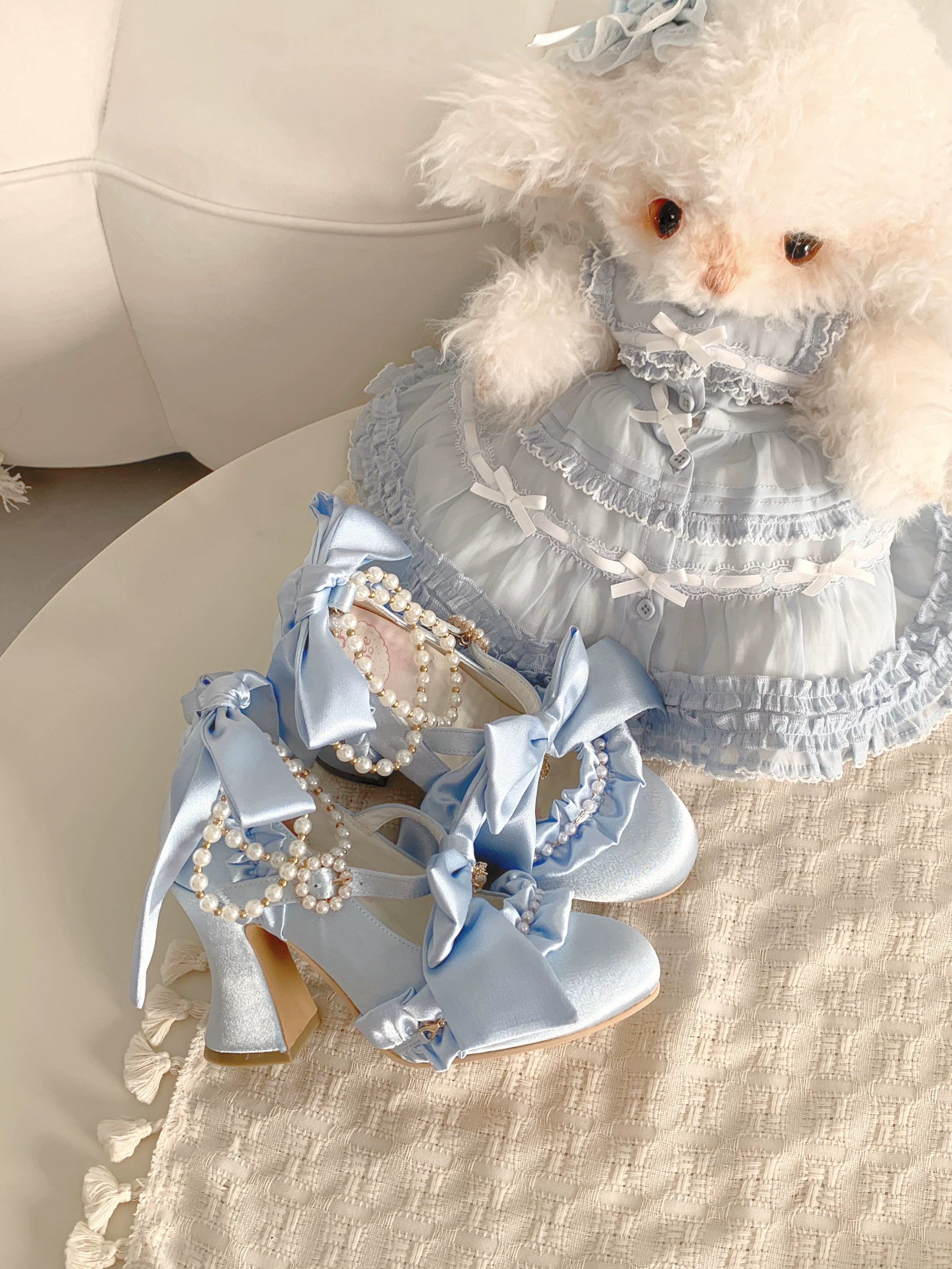 Ribbon Anthem - Wedding Classic Lolita Heels, Detachable Bow & Pearl Ribbon (Sky-blue / 34 35 36 37 38 39 40 41) 44844:825872