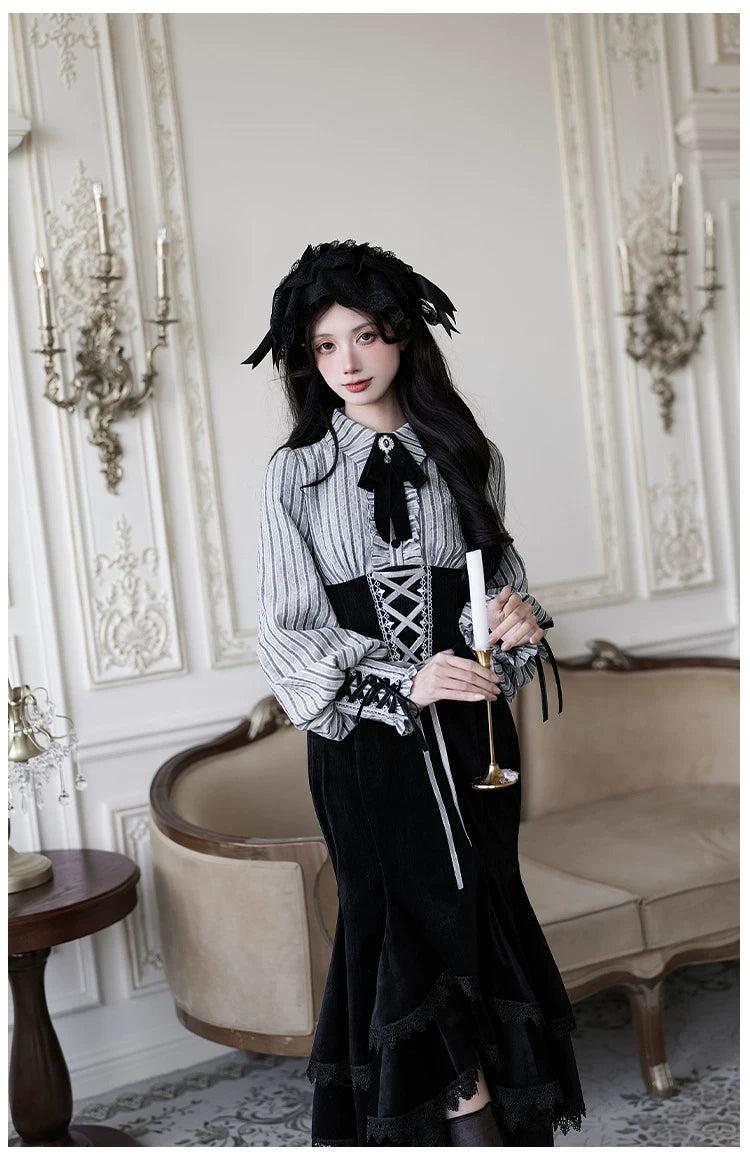 Dusk Moment - Classic Lolita Striped OP & Mermaid Dress Set, Fishbone Waist 44498:810672