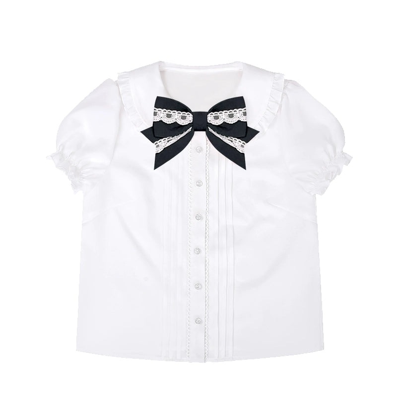To Alice - Old School Lolita Salopette Suit Tiered Dress White shirt with black bow S