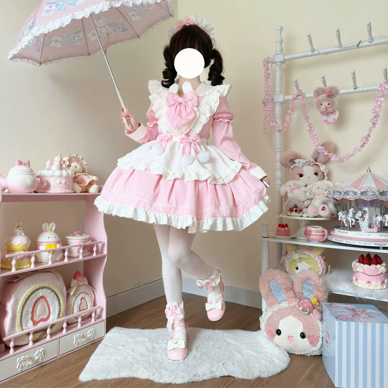 Sweet Bunny Pom-pom - Maid Lolita Bunny Ear Collar OP Dress, Detachable Apron