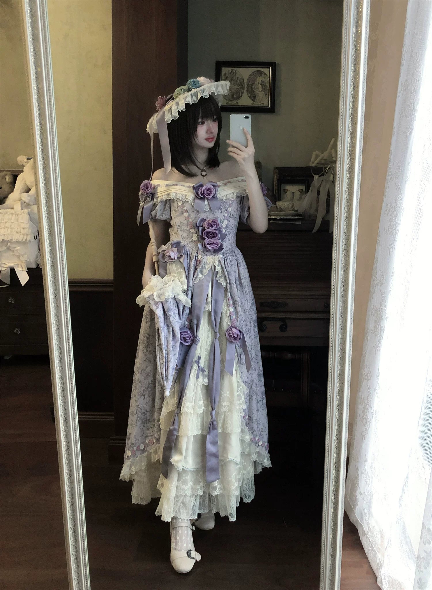 Dolota Flower Wall - Classic Lolita Floral OP Dress, Open Shoulder 44485:811141