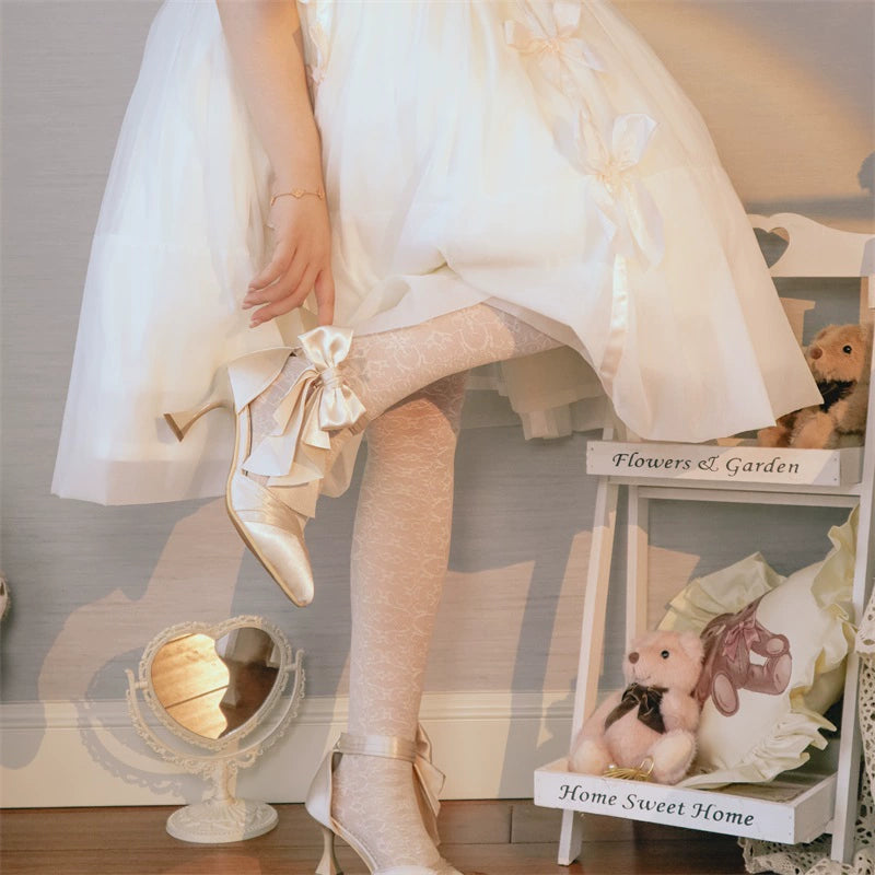 MR.Qiutian~Coronation~Elegant Lolita Shoes Satin Heels With Rose Buckle & Bow Clip 43252:772798