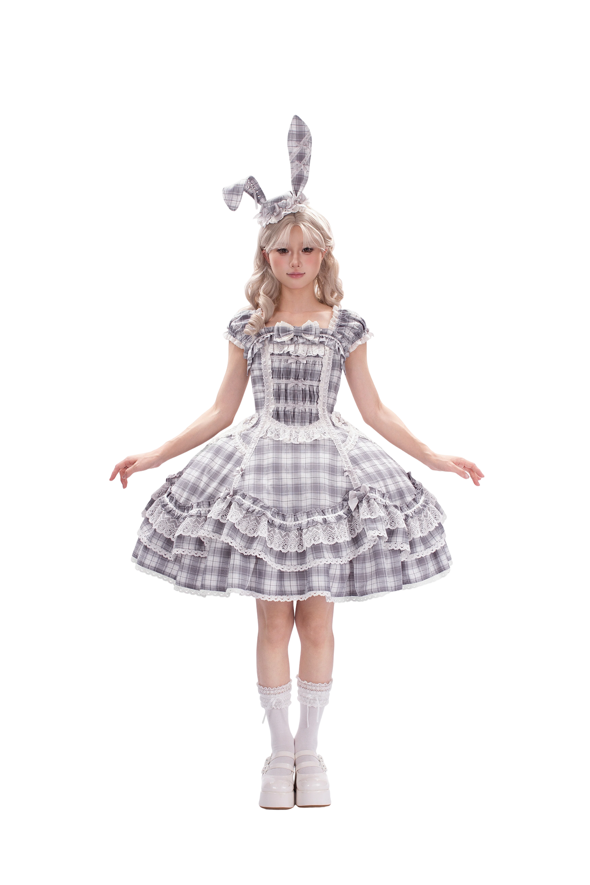 Plaid Lace Bunny - Old School Lolita Plaid OP Dress, Lace Trim (L M S XL XS / Pre-order) 45992:871296