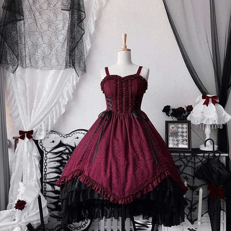 Moonlit Fragrance - Red Night Hunt - Classic Lolita Jumper Dress Wine Red JSK XS Wine-red
