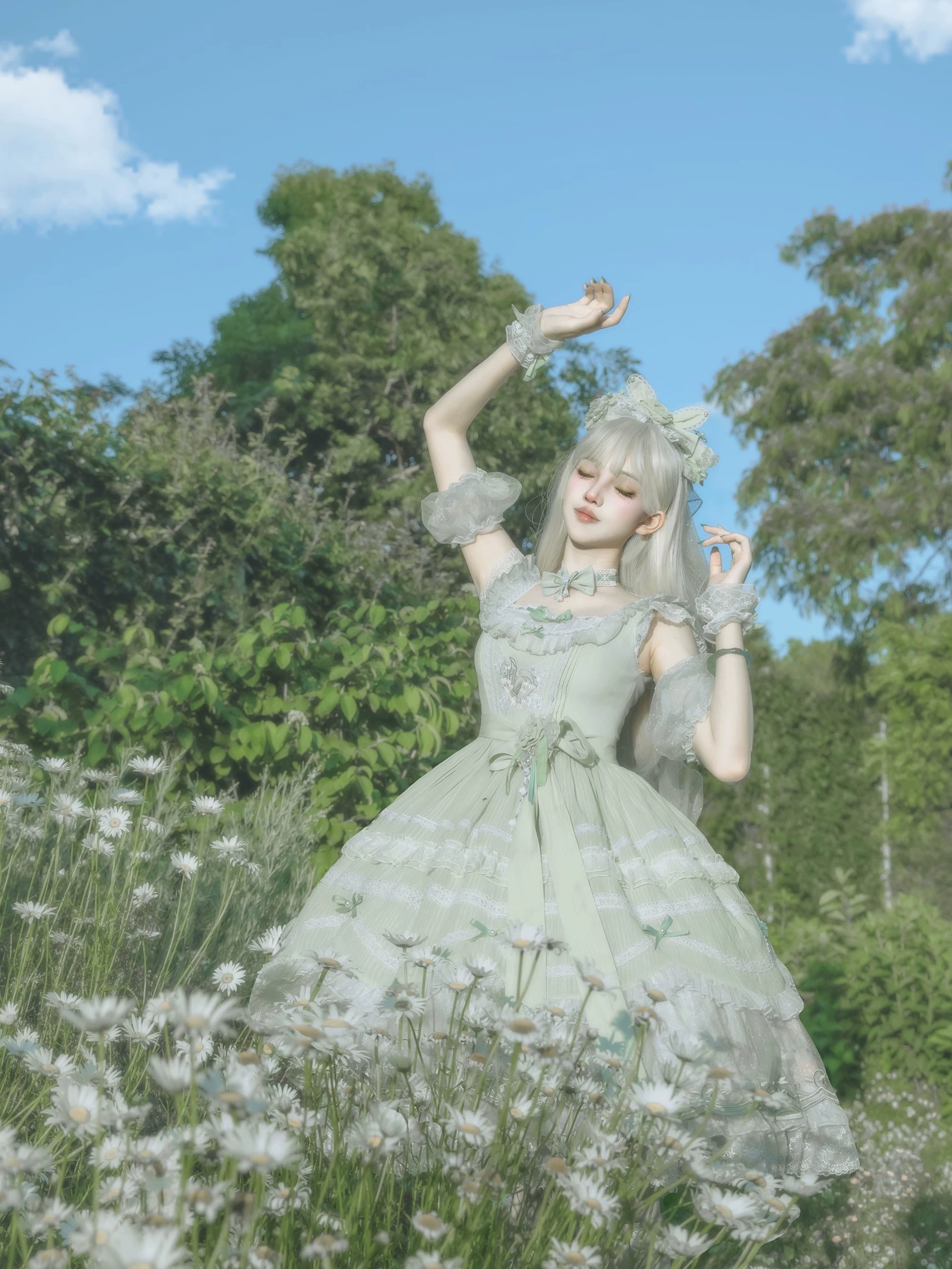 Lily of the Valley Lamb - Classic Lolita Tiered Hem JSK Dress with Embroidery 45277:852052
