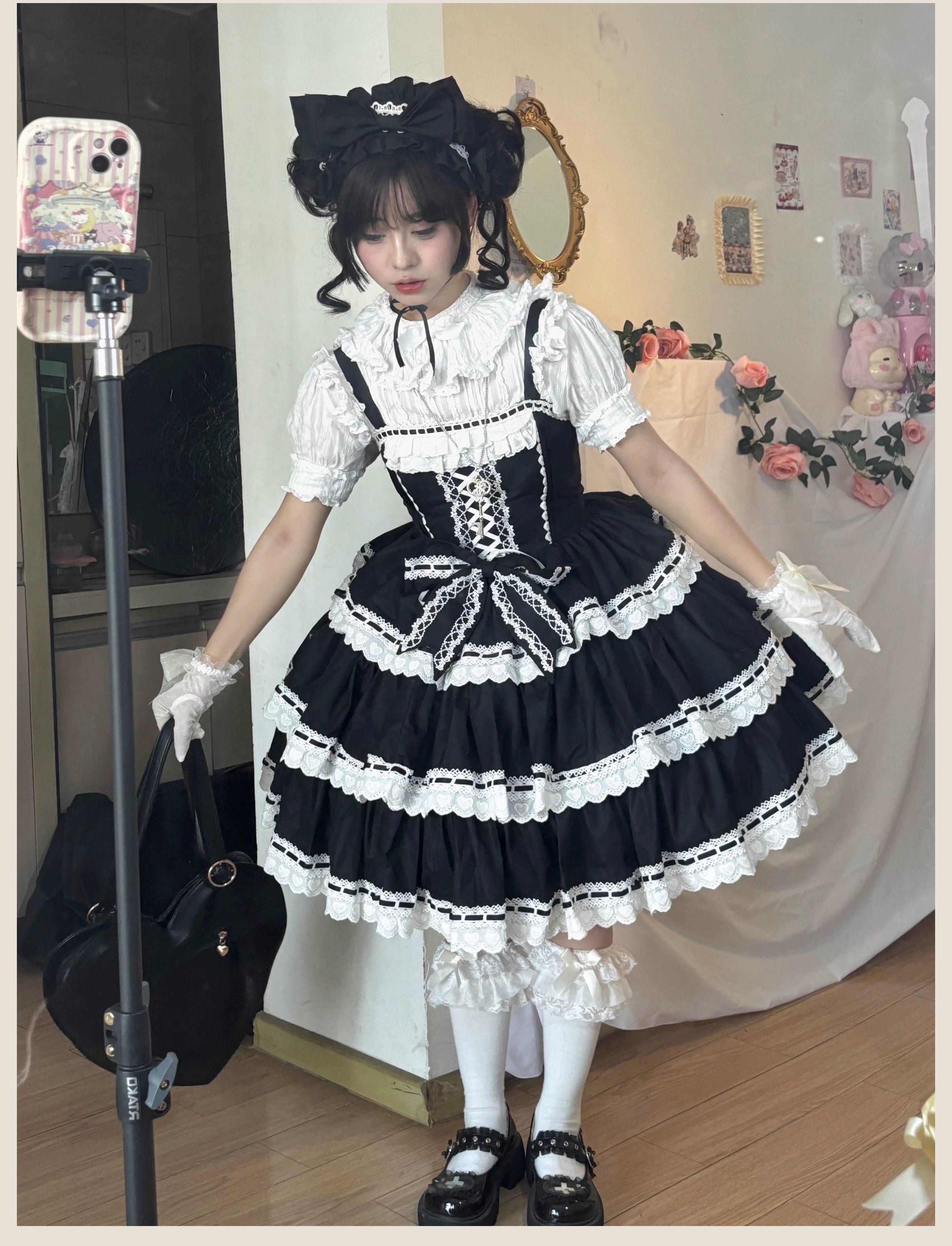 Otome Heart - Cotton Old School Lolita JSK Dress Suit, Heart-Shaped Lace Trim 43381:774530