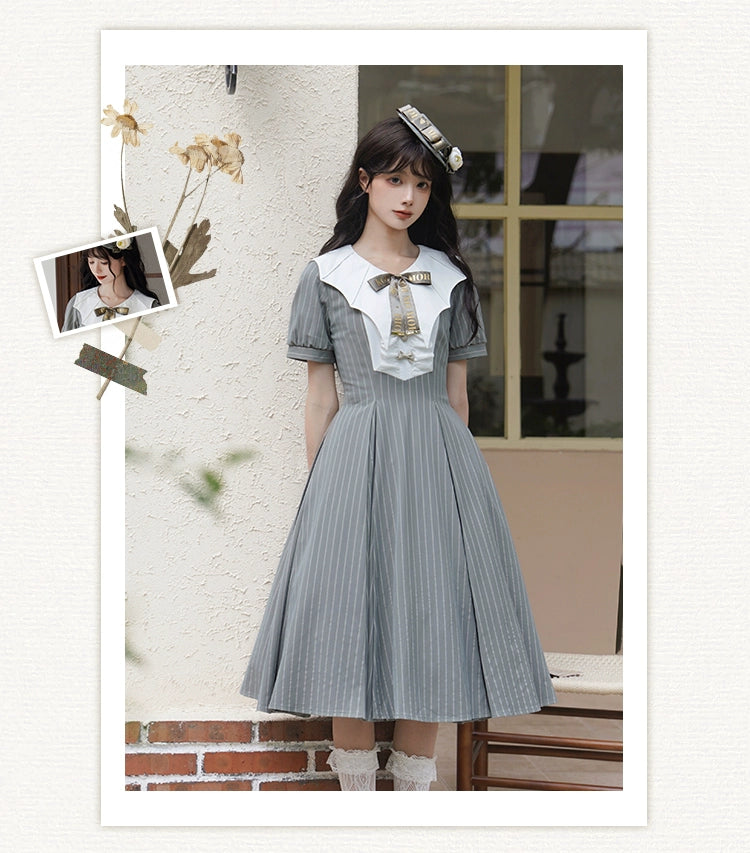Forest Fluorescent Carps - The Rain of London - Elegant Lolita OP Dress, Bat Wing-Shaped Neckline