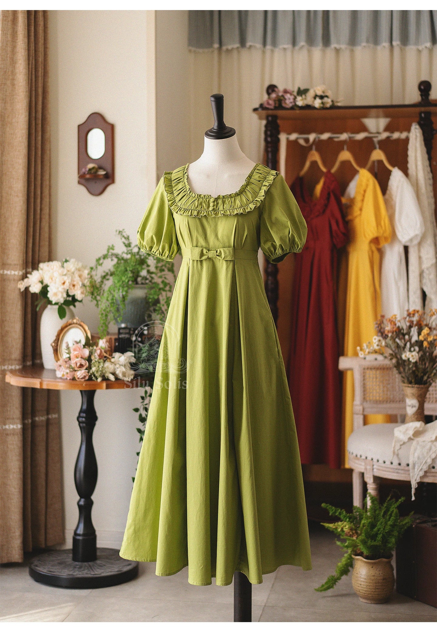 Morning Forest - Cotton Empire Waist OP Dress with Built-in Bra Pads Green S