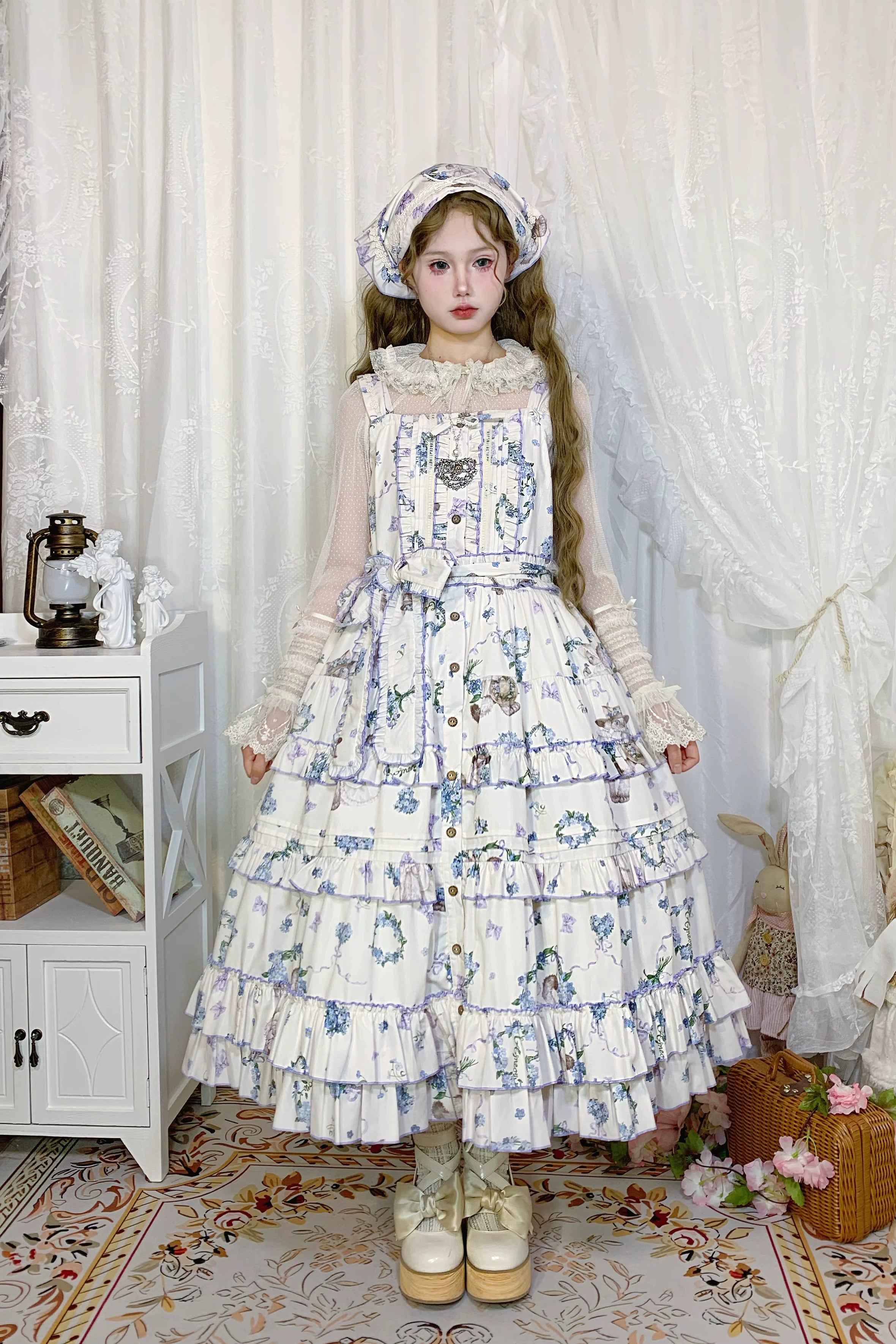 Meow Wreath - Classic Lolita Button Closure JSK Dress, Cat and Wreath Print