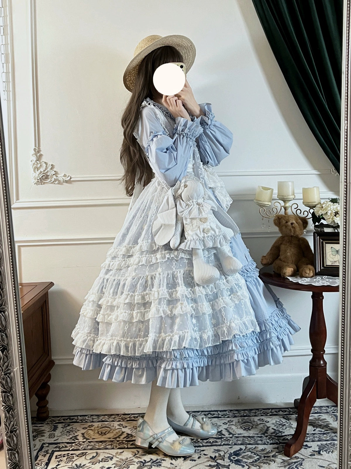 Bunny Magic Forest - Loving Bunny - Elegant Lolita Long Sleeve Trapeze OP, Tiered Skirt 44362:806282