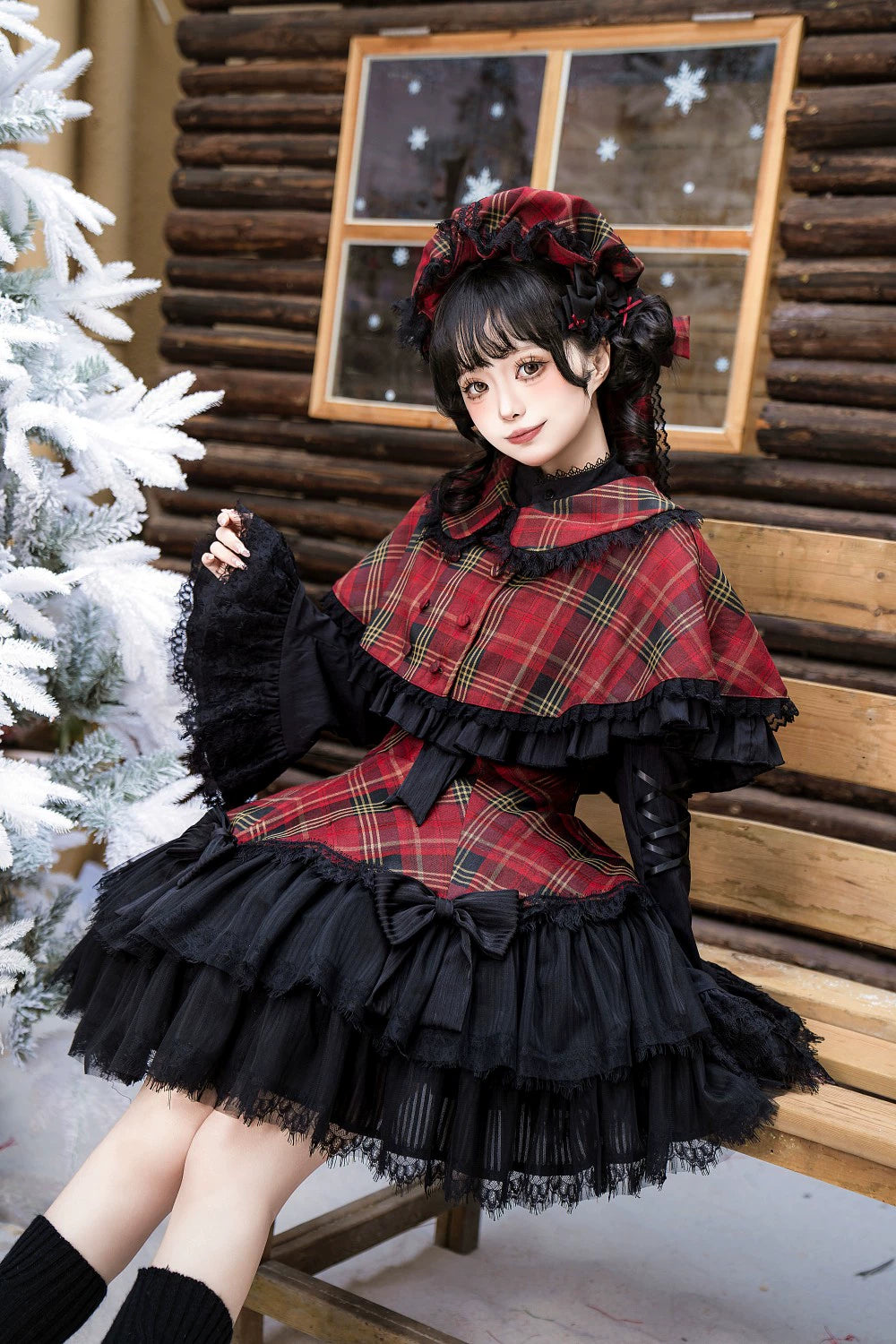 Frozen in time - Bunny Fantasy - Gothic Lolita JSK Dress Princess Sleeve Shirt Red Plaid Cape Only XS