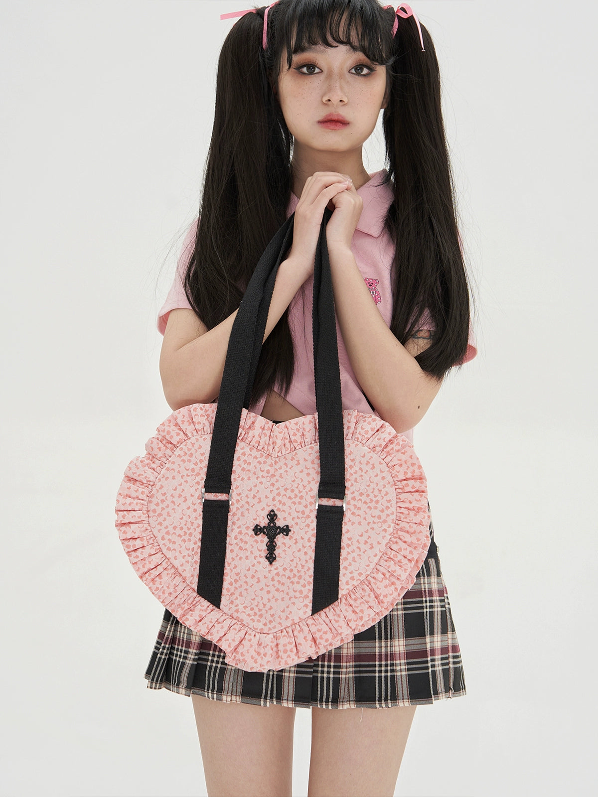 Soso Meme Club - Vintage Lolita Heart Shaped Plaid Dot Print JK Uniform Bag