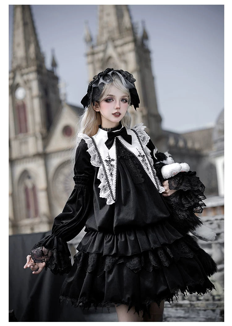 Dawn Bell & Dusk Song - Gothic Lolita Velvet OP Dress, Back Zipper