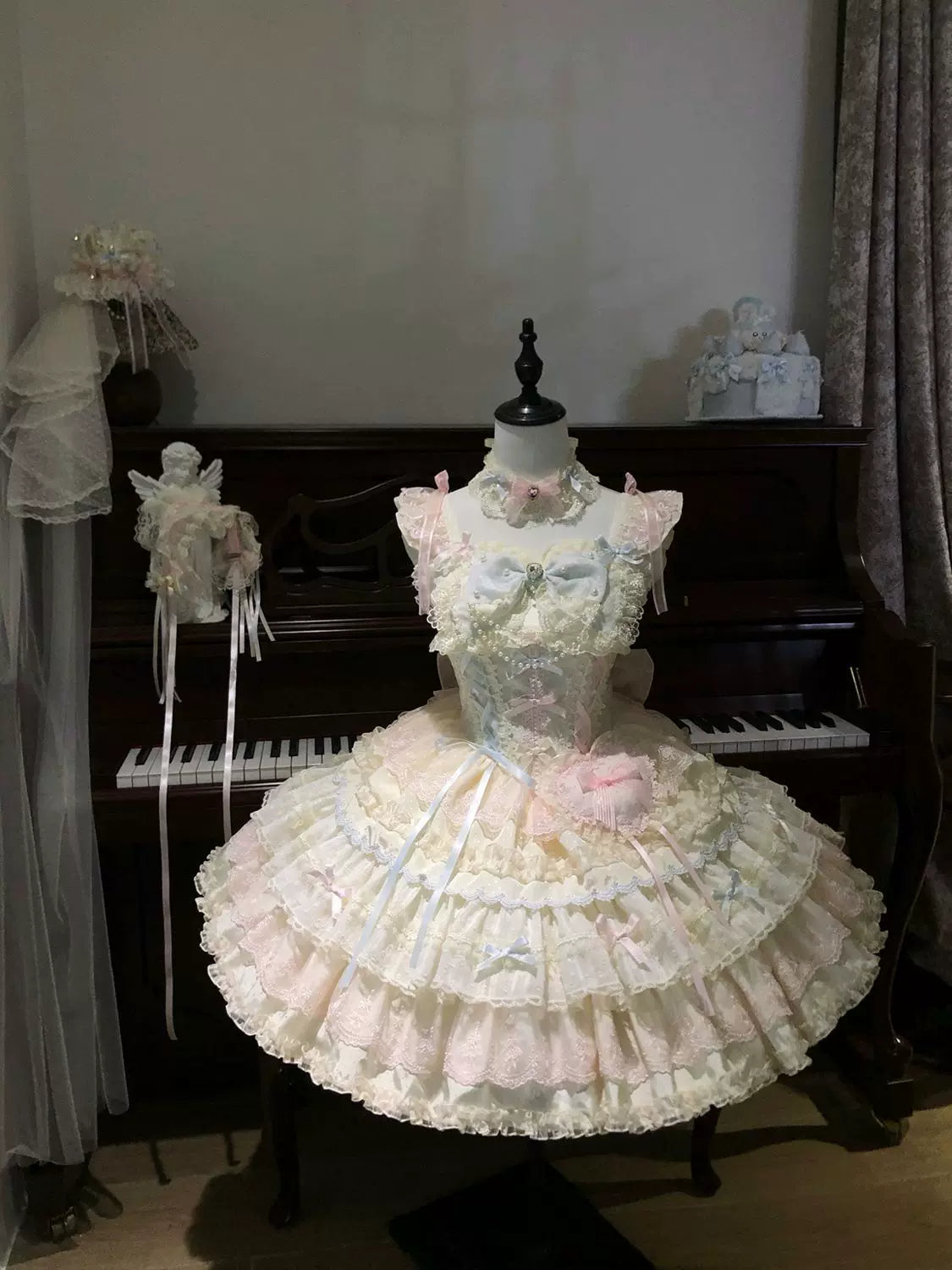 Cloud Whale Dream - Sweet Lolita Corset JSK Dress, Tiered Hem & Bows Apricot JSK Only S