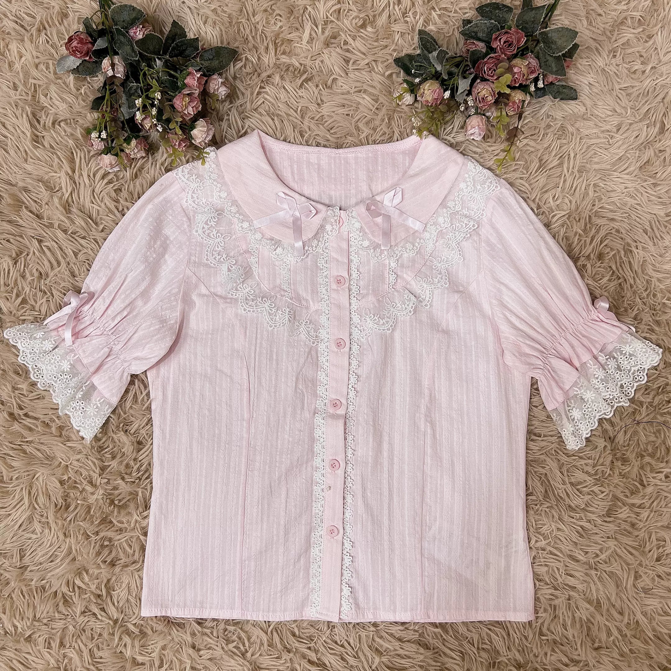 DMFS Lolita - Summer Short Sleeve Cotton Lolita Blouse S Pink - White Lace - Short Sleeve