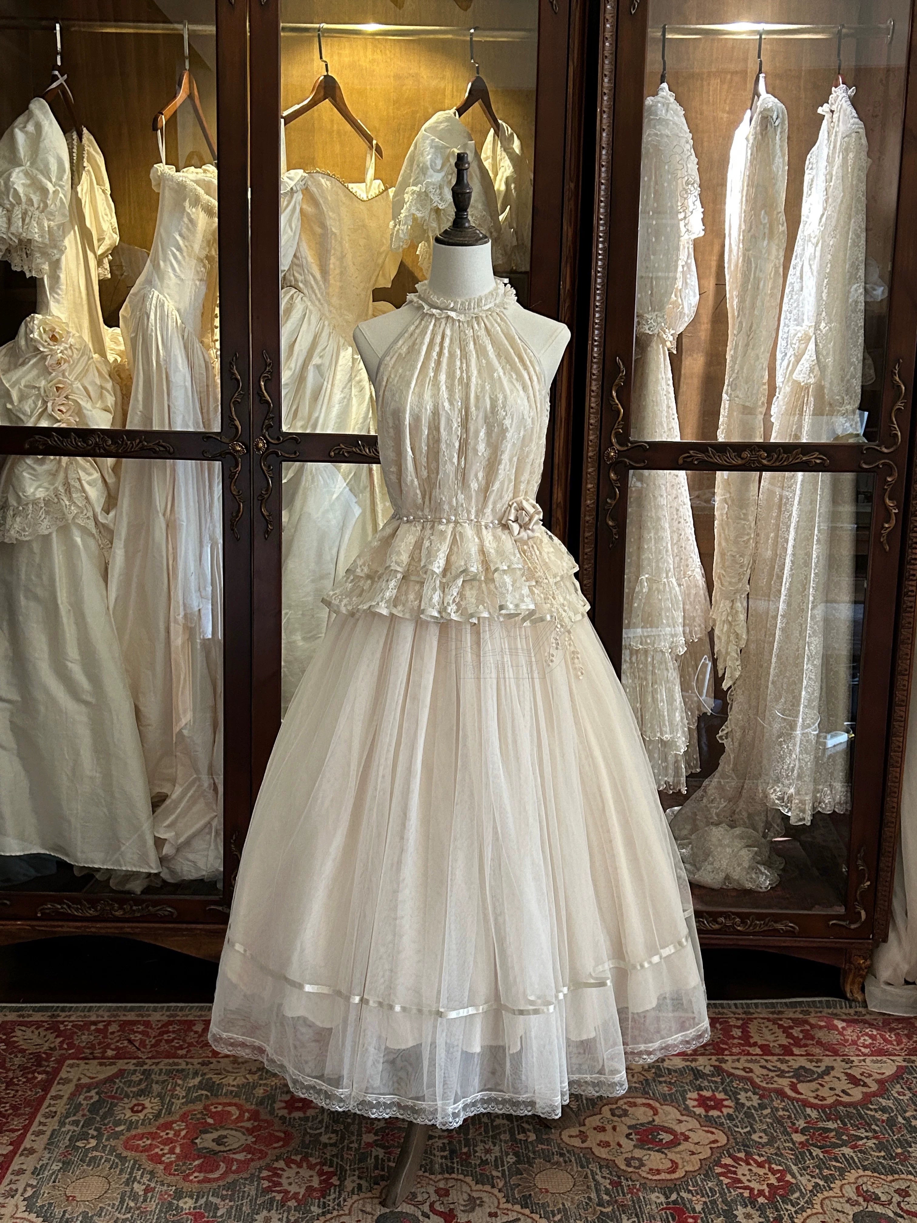 Moonlight Ode - Classic Lolita Lace Halter-neck Blouse & Tulle Skirt Set 45447:849139