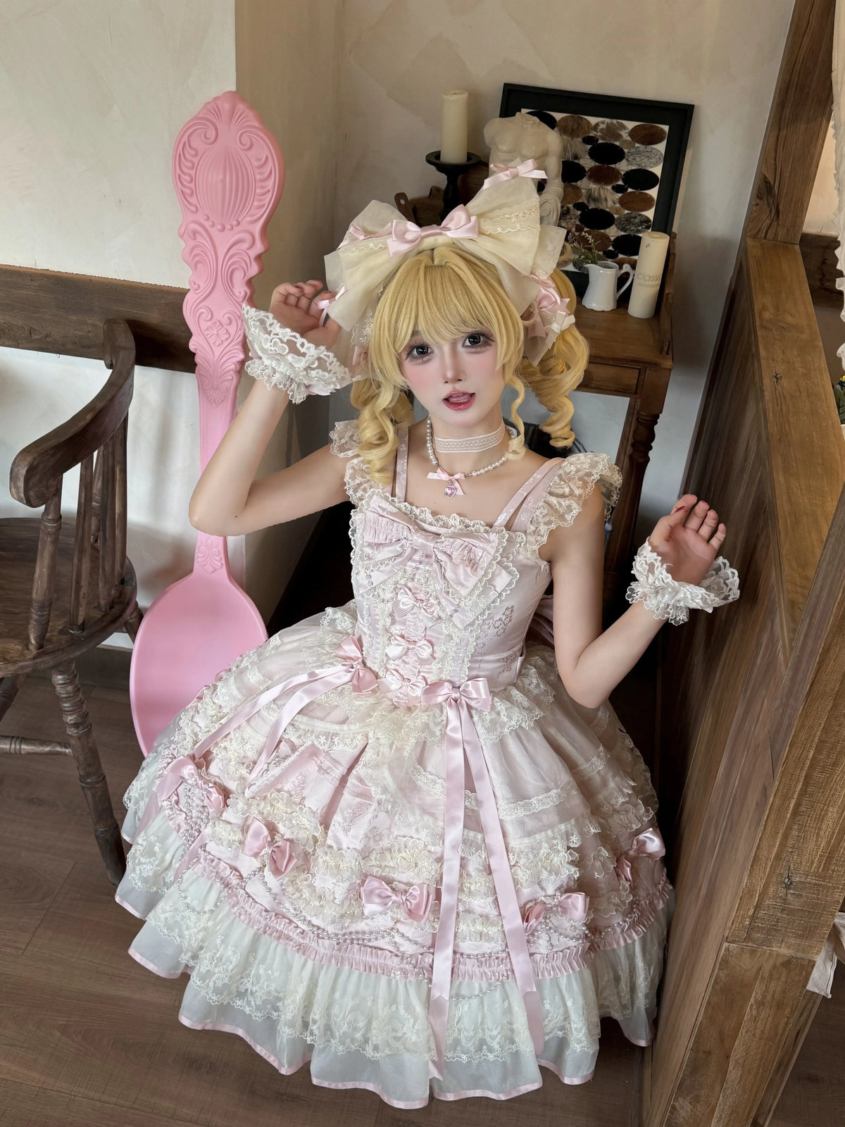 Jenny Love Song - Sweet Lolita Jacquard JSK Dress Set, Detachable Bows (L M S) 46118:875639