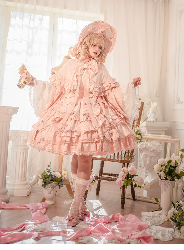Lost Aqua - Vintage Lolita Dress Set Cotton Shirt XS Pink FS (with pink-white badge)