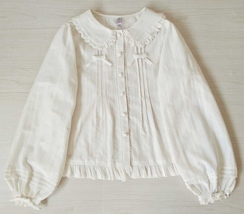 Youlan Lane - Cotton Sweet Lolita Blouse, Single / Fleece Lined Version White Long Sleeve Blouse XS