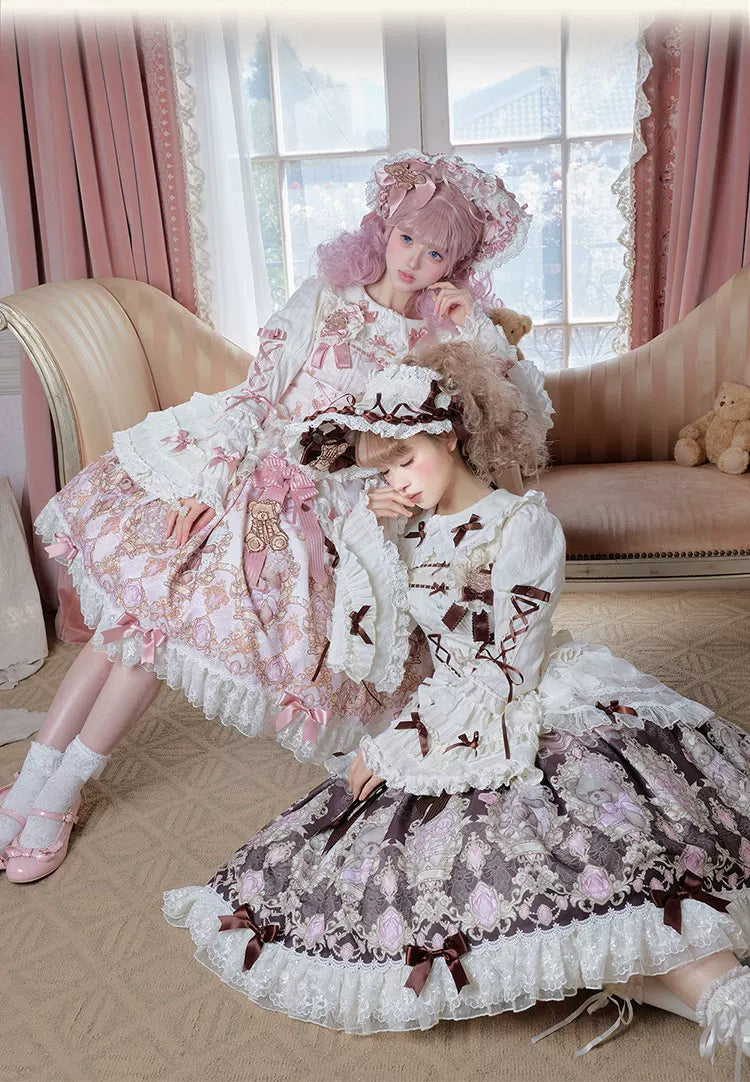 Antique Teddy Bear - Classic Lolita Printed JSK Dress with Ribbon Bows 45538:853235