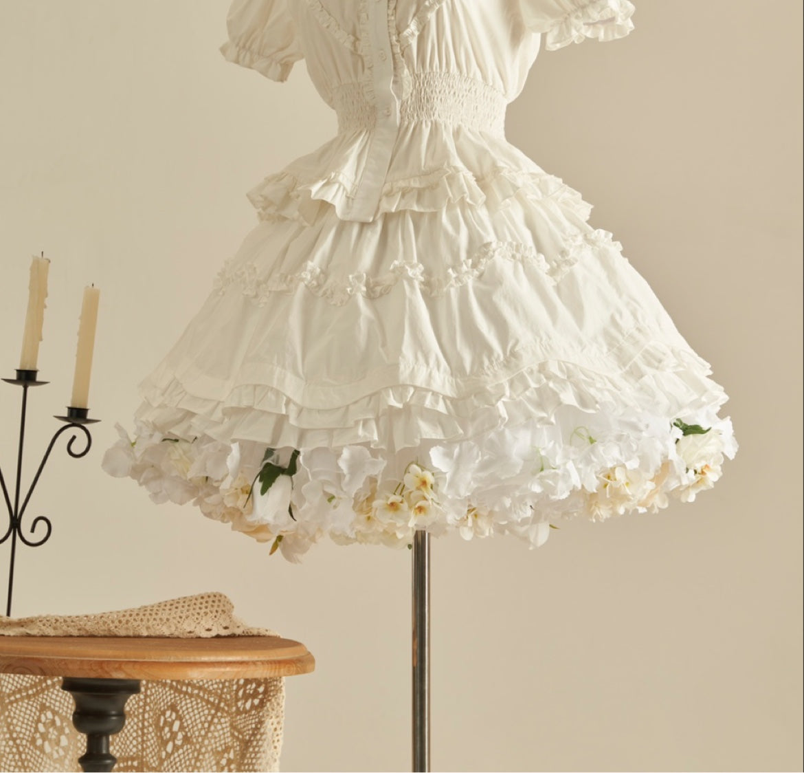 Sky Rabbit - Floral Lolita Petticoat with Detachable Trim White X White One Size Double-layer Petticoat - 35 cm (2 petticoats included)
