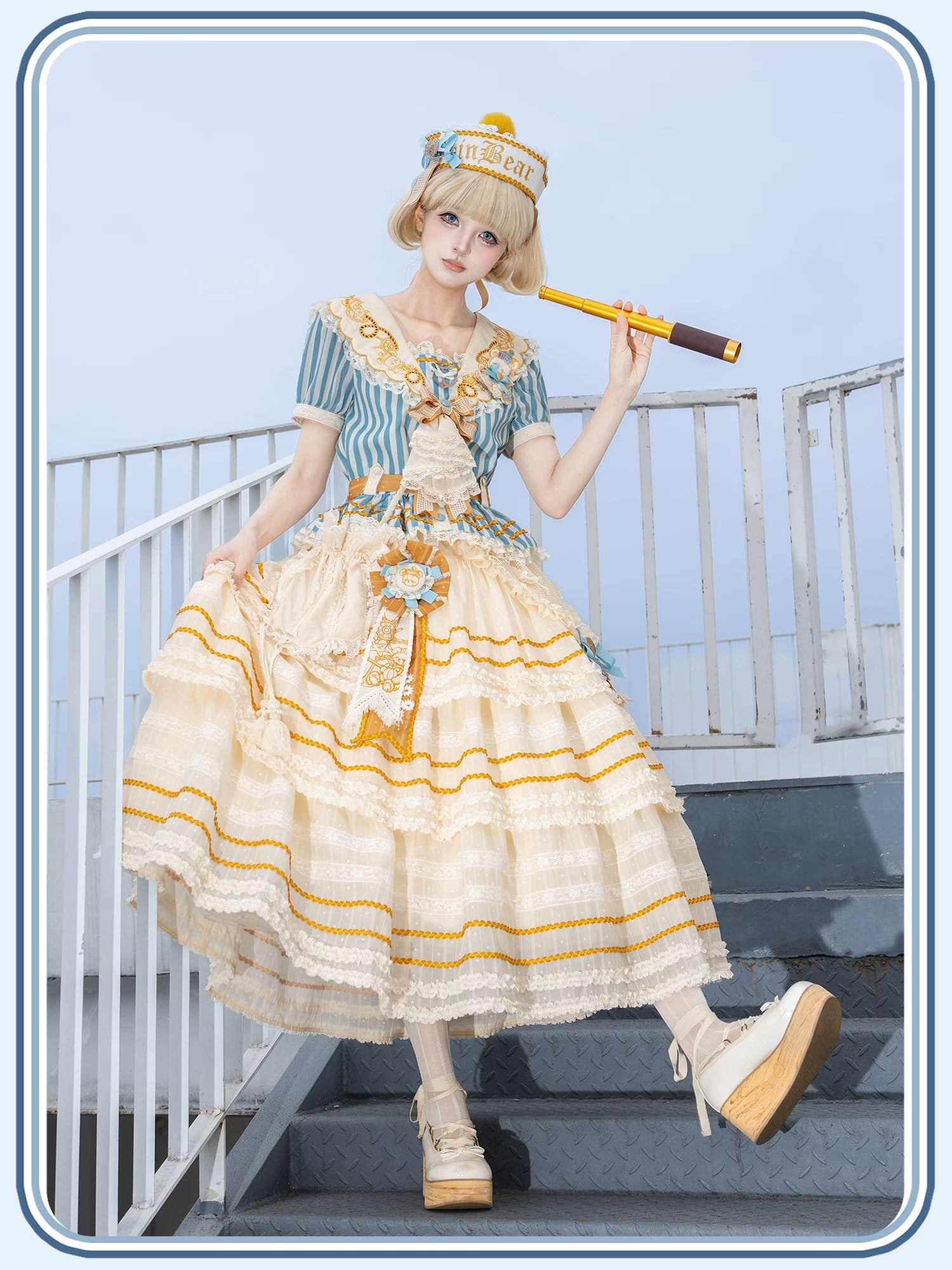 Antique Naval Bear - Striped Classic Lolita Sailor Collar OP, Bear Embroidery 45518:853938
