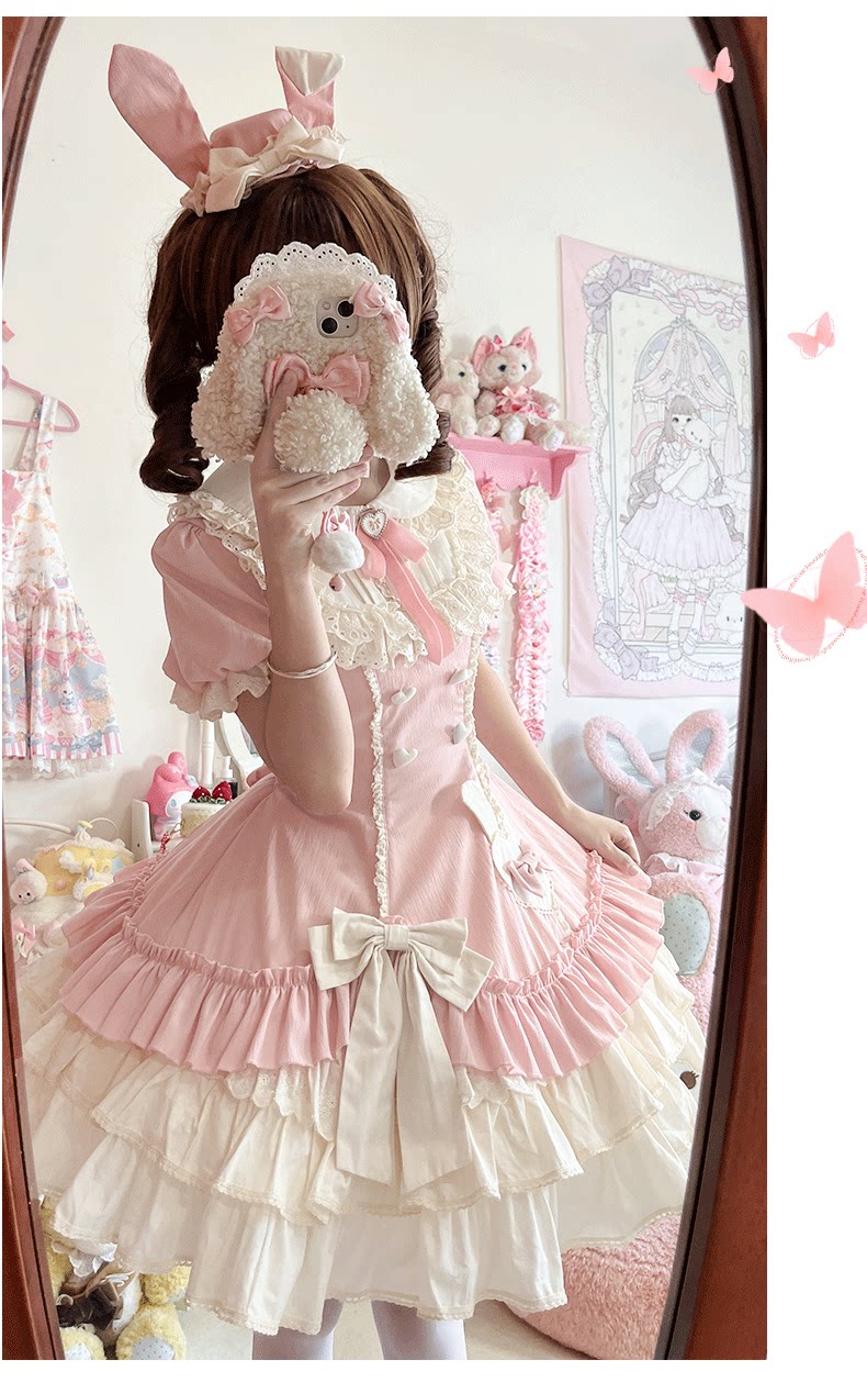 Creamy Bud - Old School Lolita OP Dress, Bunny Ear Heart Accent