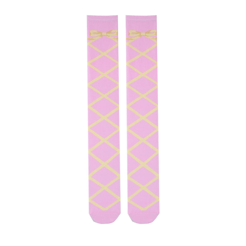 Roji Roji - Sweet Lolita Cotton Mid-Calf Socks knee-high socks pink background yellow straps