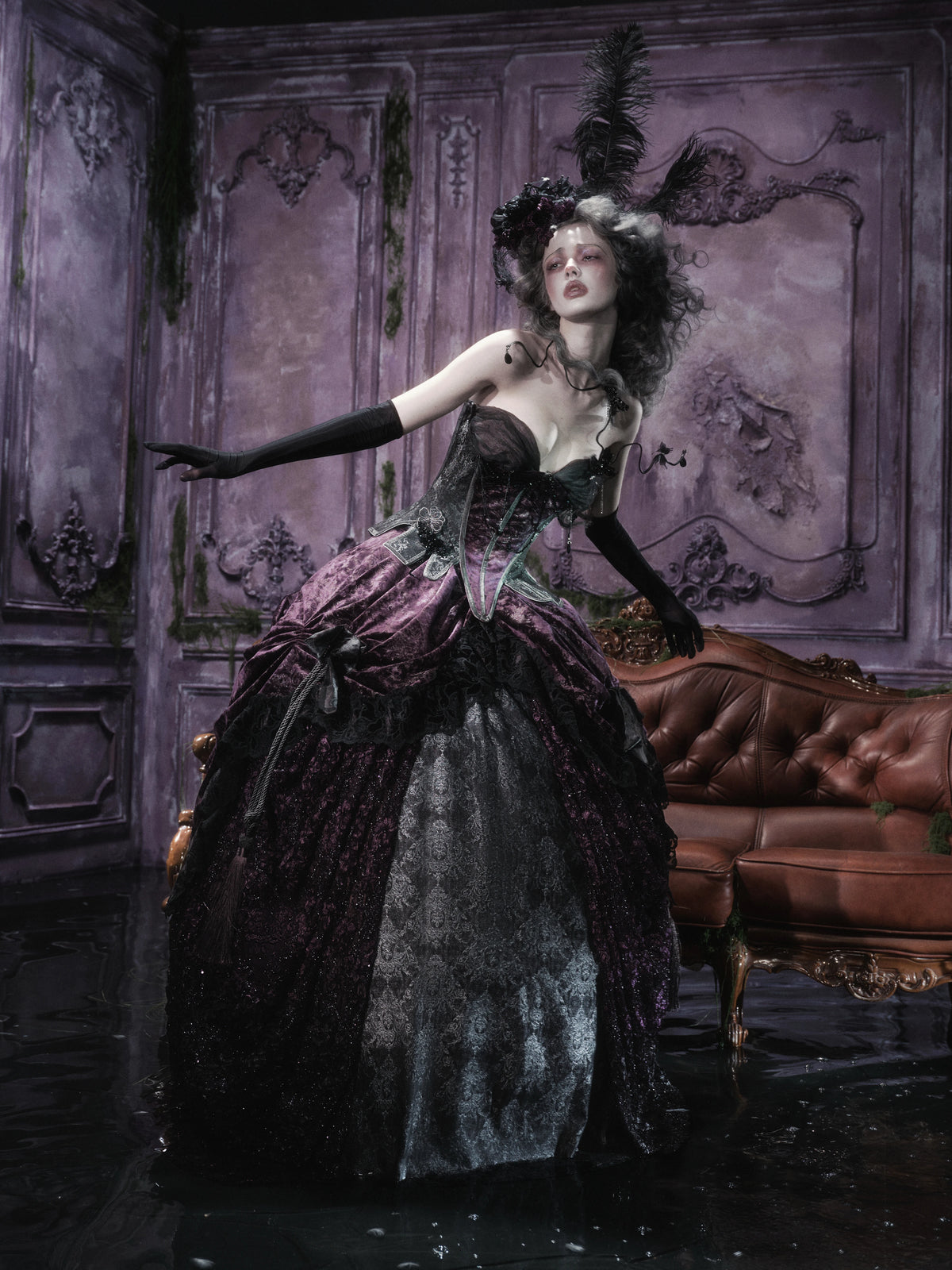 Undead's Gift - Halloween Gothic Lolita Draped Panel Skirt Set, 3D floral lace