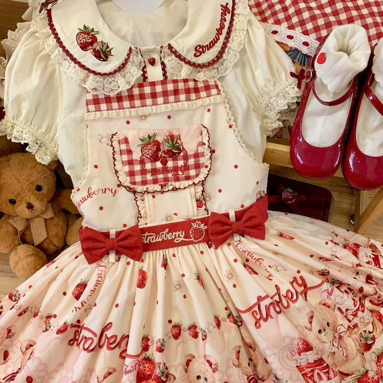 Velvet Strawberry - Sweet Lolita Salopette Dress, Bear & Strawberry Print Light Yellow Salopette Only S