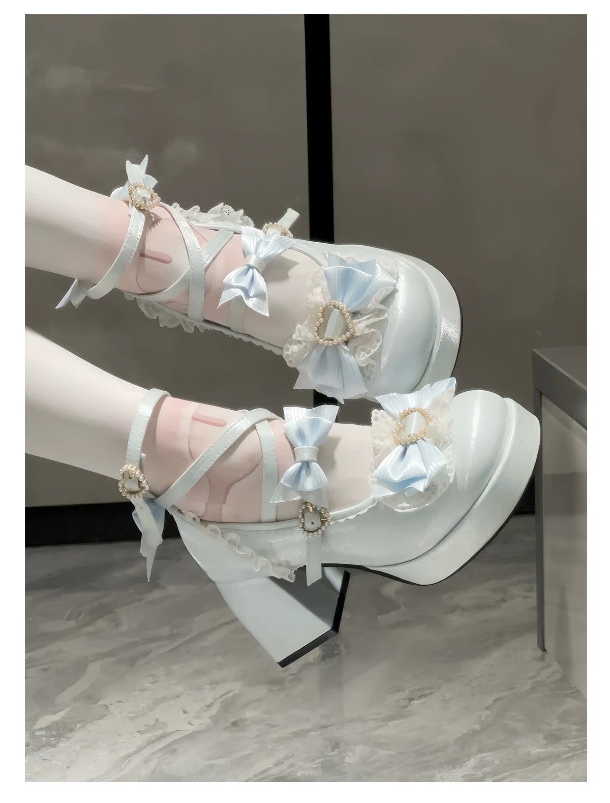 Romance of Hearts - Sweet Lolita Chunky Heeled Shoes, Pearl Heart Accents 45692:859291