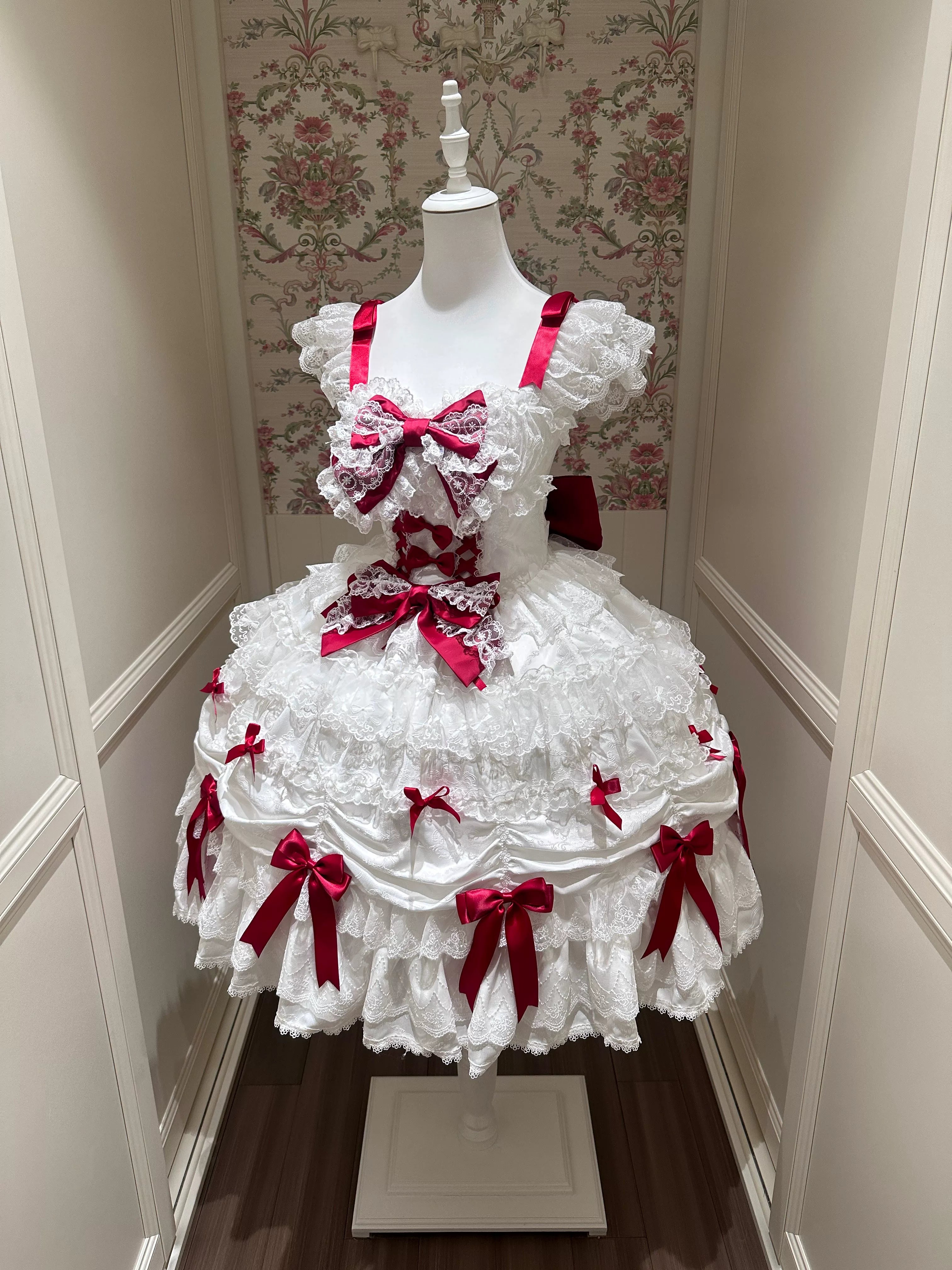 Satin Gift Box - Sweet Lolita JSK Dress, Bows and Layered Lace White-red JSK Only S