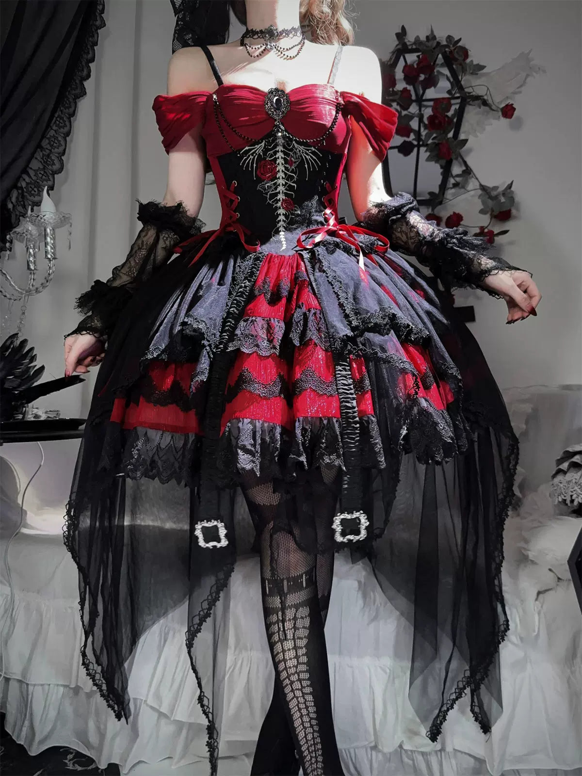 Eternal Thorn of the Dragonbone - Embroidered Gothic Lolita JSK Dress, Off-Shoulder