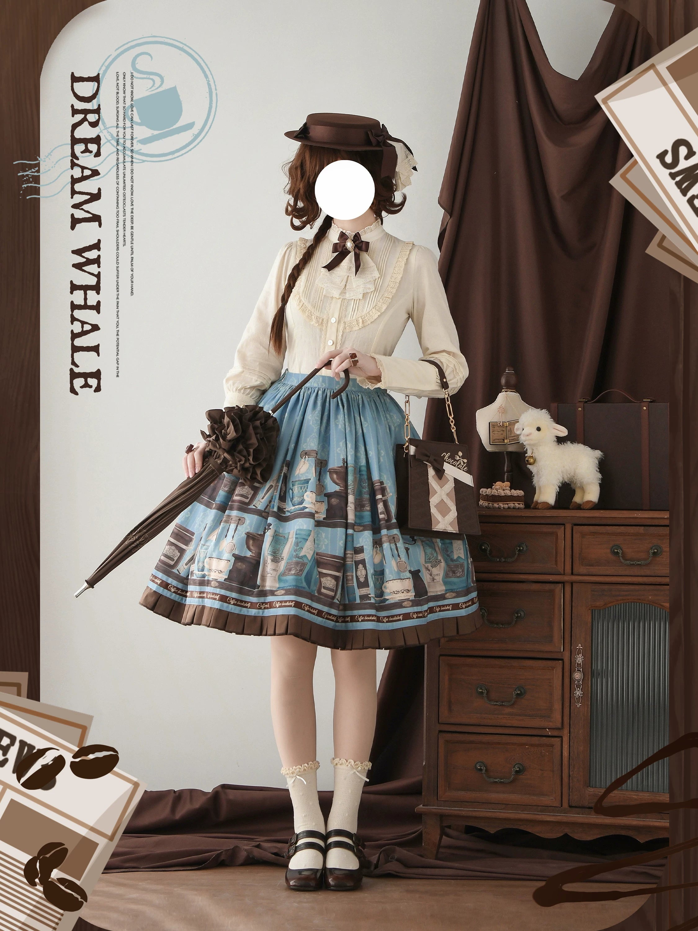 Coffee Bookshelf - Classic Lolita JSK and SK Set, Coffee Cup and Book Print 45611:856220